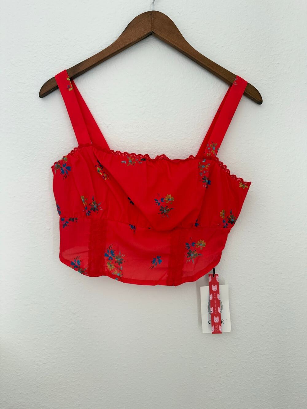 NWT Cider Square Neck Floral Lace Trim Corset Crop Top Size Medium